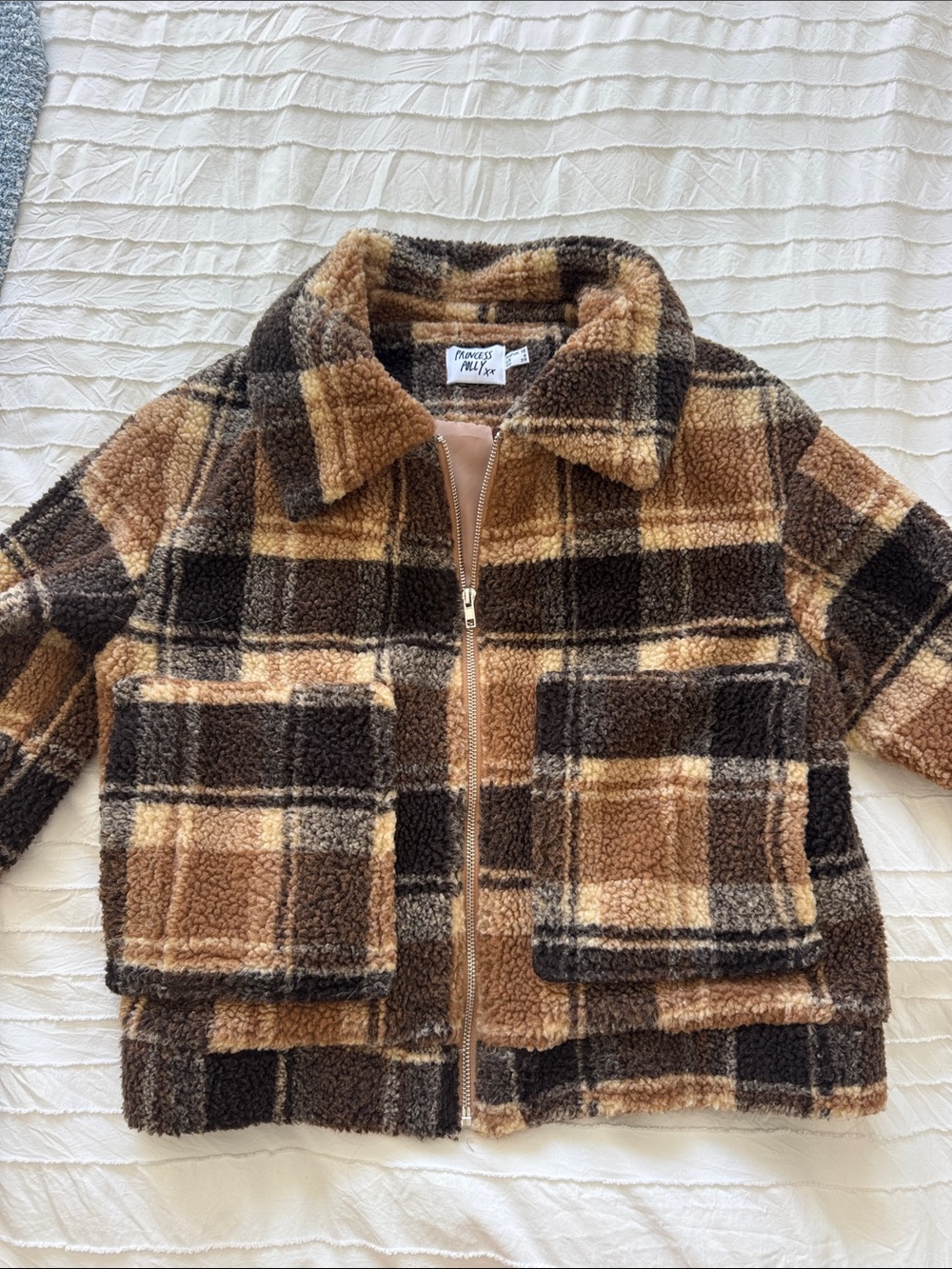 Princess Polly Plaid Sherpa Zip Jacket in Brown & Camel Tones
